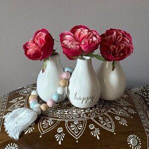 White Ceramic Vase Set with Pink Flowers